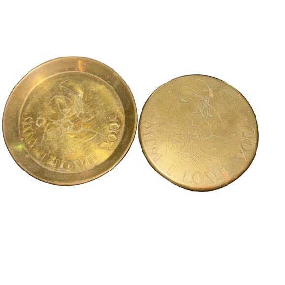 Vintage Other - Brass Dresser Set “Mom I Love You” Red Velvet Lined Trinket Box & Dish Signed